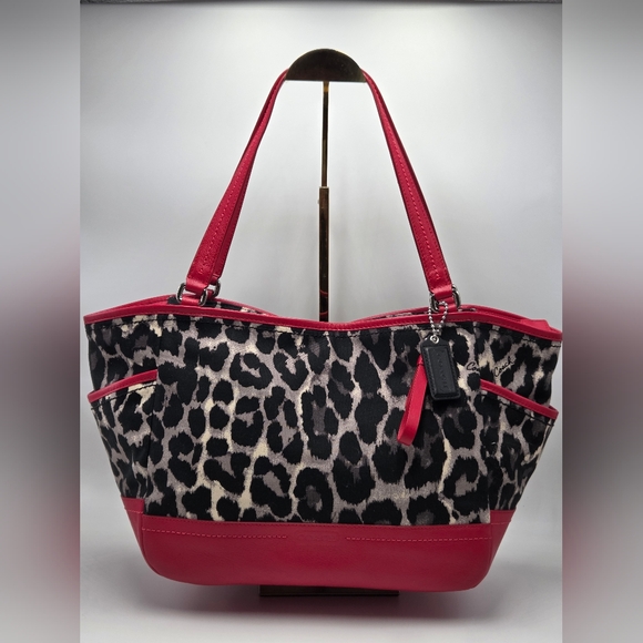 Coach Park Ocelot Leopard Print Canvas Red Leather Trim Shoulder Tote Bag - Picture 1 of 6